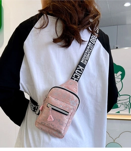 Pink PU leather crossbody bag with letter prints and sporty woven shoulder strap