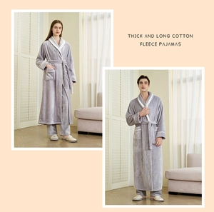 Thick grey coral fleece bathrobe set with matching pants and contrast white piping detail