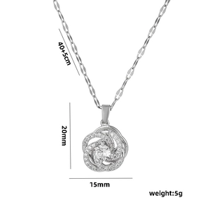 Rotating camellia flower necklace in silver stainless steel with zircon stones