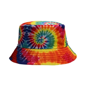 Detail of colorful tie-dye bucket hat with spiral pattern and reinforced brim stitching