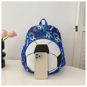 Blue kids football backpack detail showing size comparison with a mobile phone