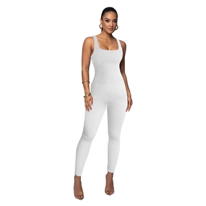 White ribbed square neck sleeveless yoga jumpsuit with high elastic bodycon fit
