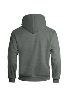 Detail view of the back of a dark gray oversized double-layer hooded zip-up sweatshirt