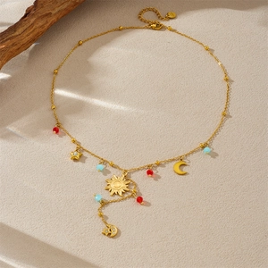 Golden stainless steel Y-necklace with sun, moon, star pendants and colorful beads