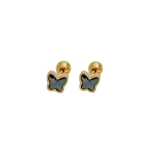 Elegant gold butterfly screw back stud earrings with black enamel inlay and diamond accent