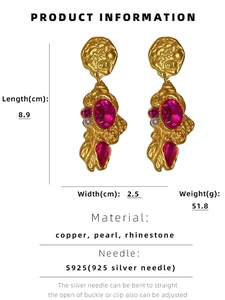 Detailed view of vintage flower earrings featuring pink crystal, white pearl and S925 silver pin