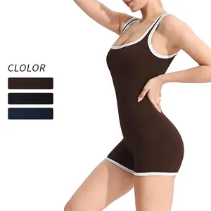 Women's Ribbed Seamless Yoga Unitard Contrast Binding Racerback Fitness Sports Bodysuit Workout Gym Romper Top And Bottom