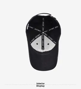 Inside view of black baseball cap showing reinforced front panel and KYMY printed tape