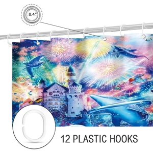 Detail showing 12 plastic C-hooks and 0.4-inch reinforced metal eyelets on dolphin shower curtain