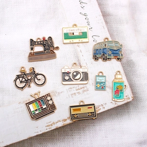 Vintage style alloy enamel charms set featuring retro sewing machine and camera designs