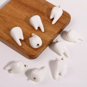 3D realistic tooth-shaped resin charms with gold metal rings for DIY jewelry making
