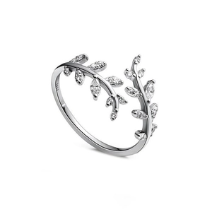 Anello aperto in argento S925 con foglie e scintillanti zirconi taglio marquise