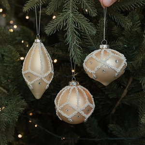 Christmas Glass Baubles Champagne White Artificial Pearl Beaded Rhinestone Hanging Tree Ornaments Festive Holiday Decor