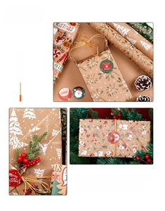 Dettaglio della carta da regalo kraft marrone con stampa UV e motivi natalizi festivi