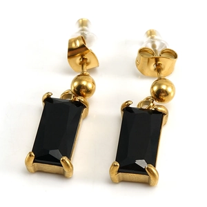 Detail of 18K gold plated stainless steel earrings with square black zircon inlay