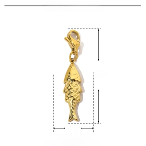Macro shot of gold fish pendant with dimensions 32mm length and 6mm width on white backdrop