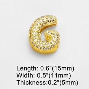 Detailed view of gold-plated letter G charm with cubic zirconia and 15mm length dimension