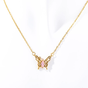 Elegant gold butterfly necklace with pink marquise stone and white cubic zirconia accents