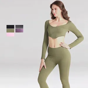 Set Yoga a Costine Senza Cuciture Donna Top And Bottom Leggings a Compressione Vita Alta Top Corto Manica Lunga Fitness Palestra