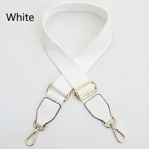 Adjustable white canvas shoulder strap with gold metal hooks and cross pattern layout