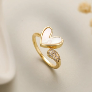 Elegant heart-shaped mother of pearl open ring with paved cubic zirconia in gold finish