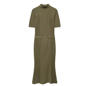 Fashionable army green slim fit midi dress with standing collar and matching belt