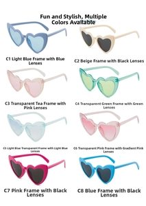 Grid view of heart-shaped sunglasses in eight colorful frames and tinted lens options