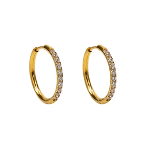 Polished gold hoop earrings for women featuring rows of sparkling inlaid cubic zirconia