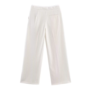 Detail of high-waisted white wide-leg trousers with thin black vertical stripes and smooth fabric