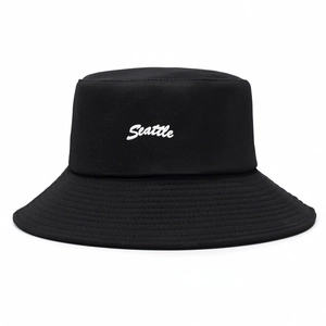 Classic black Seattle bucket hat with white embroidery in a versatile unisex style