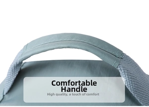 Detail view of the reinforced blue-grey nylon handle with durable reinforced stitching