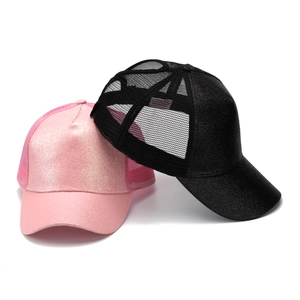Women's glitter ponytail baseball caps in pink and black mesh for sun protection
