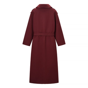 Back view of a long burgundy wool coat featuring double-breasted buttons and waist tie belt