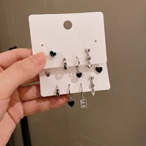 Heart Stud Hoop Earrings Alloy Black Enamel With 925 Sterling Silver Earring Post Minimalist Fashion Elegant Women