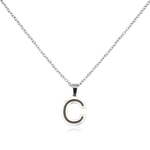 Polished silver stainless steel necklace with a round letter C pendant and black inlay