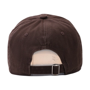 Retro deep brown baseball cap with wide brim and metal buckle shown from the back view