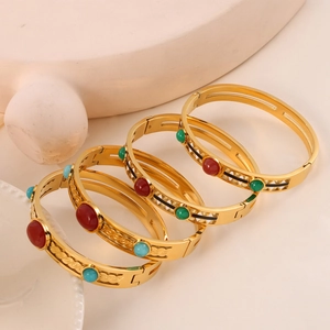 Vintage hollow gold-plated titanium steel bangles inlaid with colorful natural stones