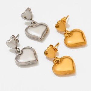 Polished stainless steel heart dangle earrings in gold and silver finish for women