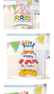 Detailed view of layered cake aluminum foil balloon with Happy Birthday print for parties