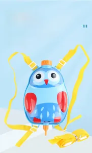 Detail of blue owl backpack water gun with adjustable yellow shoulder straps