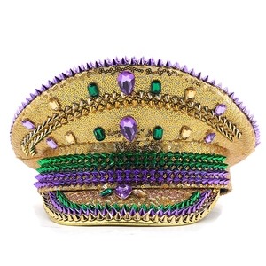 Golden sequin captain hat with colorful spikes and teardrop faux gems for party wear