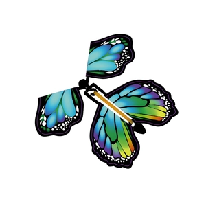 Detail of magic flying butterfly with blue-purple wings and rubber band motor