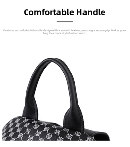 Detail of comfortable thick black handle and clover print texture on fashion backpack