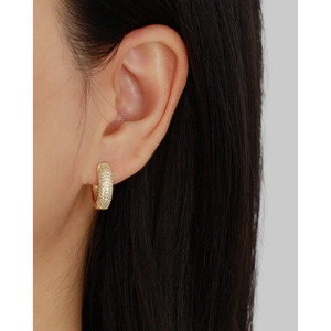 Sparkling gold micro-pave zircon hoop earrings worn by a model in a close-up shot