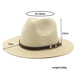 Beige straw fedora hat dimensions showing 56-58cm circumference and 7cm wide brim detail