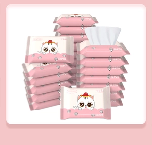 Macro shot of portable 10-pack baby wet wipes with cute cartoon cat and pink packaging