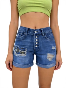 Women's high waist denim shorts with five-button fly and distressed ripped detailing