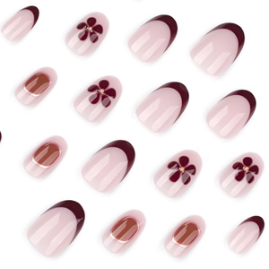 Short round wine red press-on nails set with floral patterns and French design