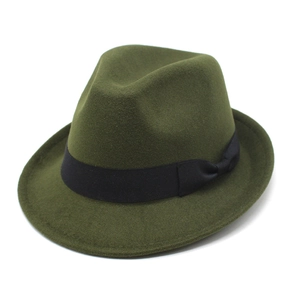 Classic army green wool fedora hat with black grosgrain ribbon bow decoration