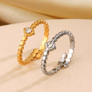Anillo In Acciaio Inossidabile Minimalista Placcato Oro 18K Fascia Con Perline Zircone Solitario Aperto Regolabile Donna